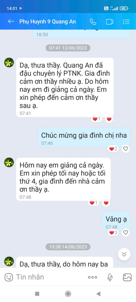 Phụ huynh nhắn tin cảm ơn Thầy Lê Văn Thông